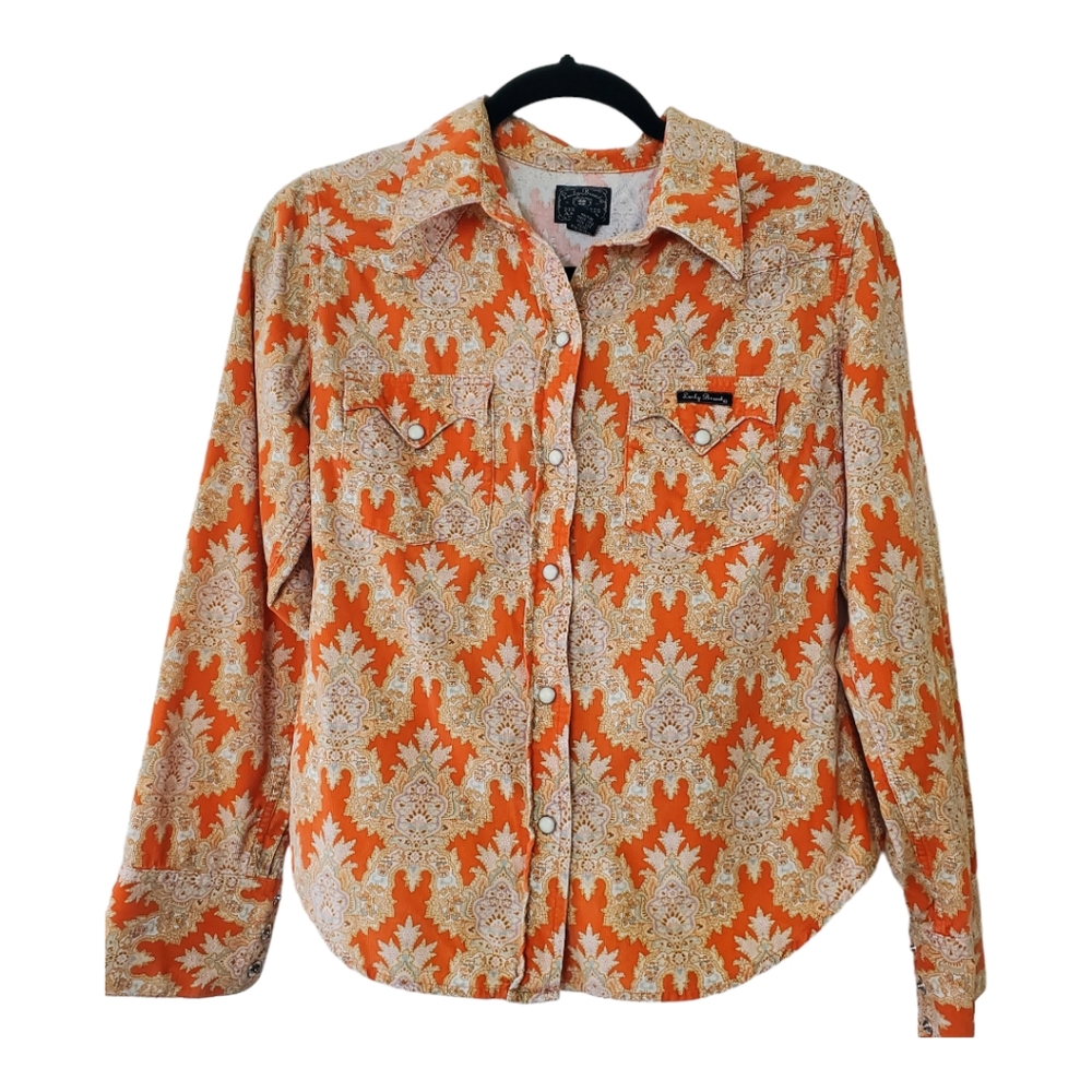Lucky Brand Slim Pearl Snap Dungarees Top Orange Paisley Western Corduroy!